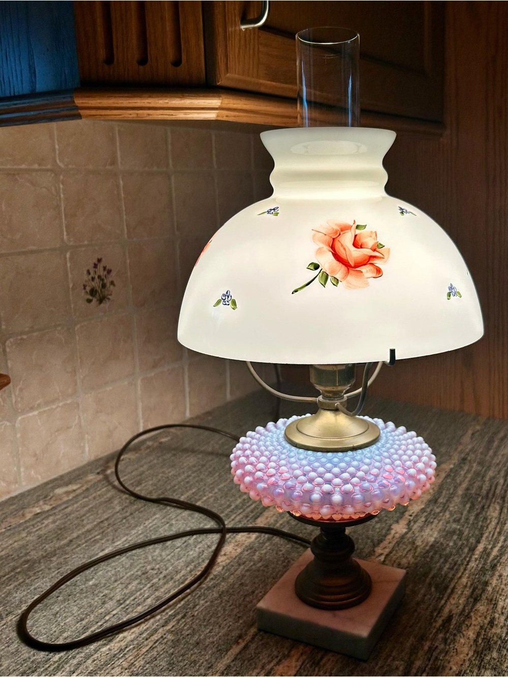 Antique Fenton Cranberry Hobnail Lamp  Original Handpainted Milk glass Shade